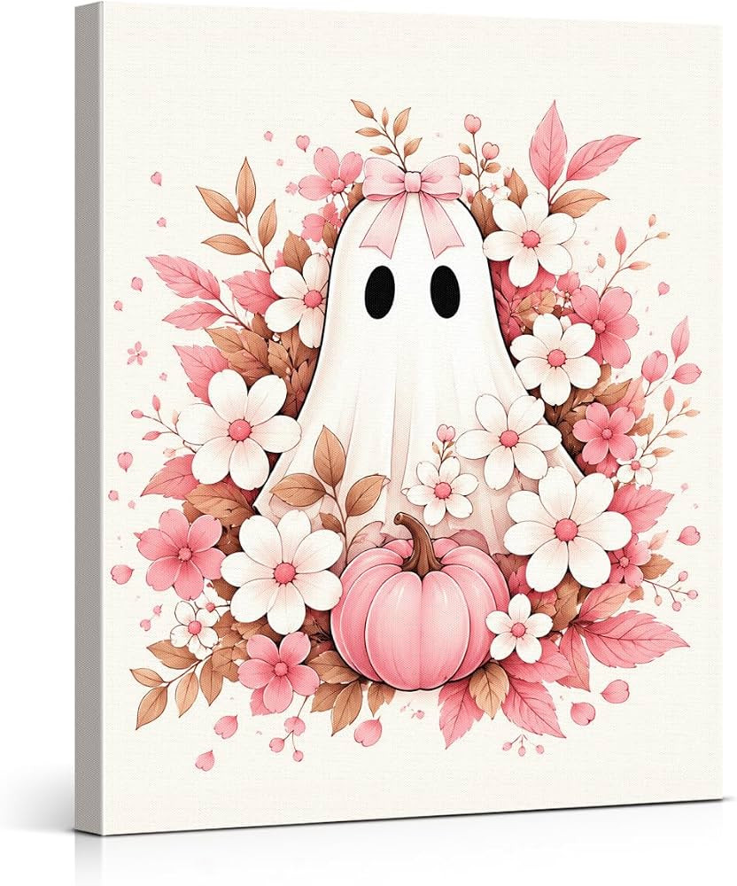 Halloween Ghost Wall Art, Pink Coquette Fall Floral Ghost Canvas Prints | Amazon (US)