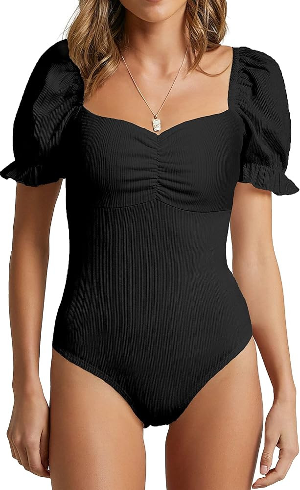 FIEAVRYL Bodysuit for Women Square Neck: Short Sleeve Body Suit Clothing Causal Ruffle Bodysuits Top | Amazon (US)