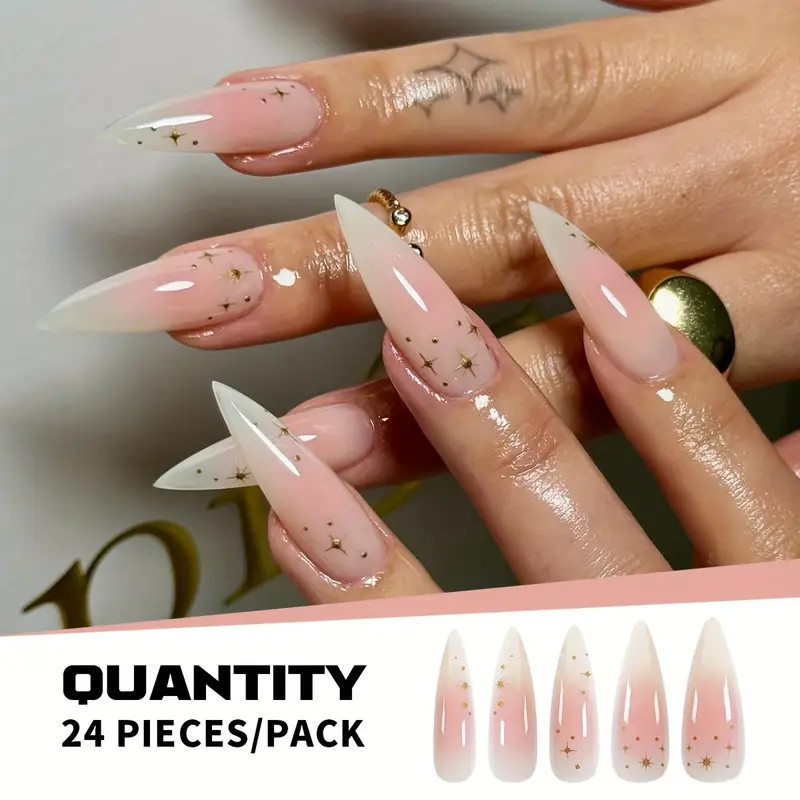 Long Stiletto   Gradient Nails Golden Star Accents Full - Temu | Temu Affiliate Program