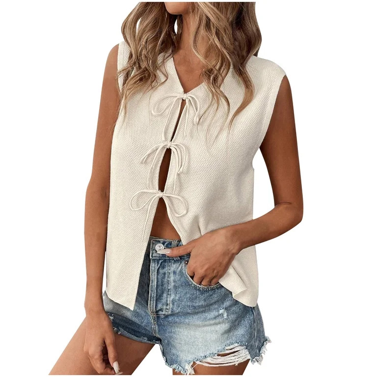 JGGSPWM Women's Tie Front Sweater Vest Summer Sleeveless Crochet Knit Tops Lightweight Cardigan E... | Walmart (US)