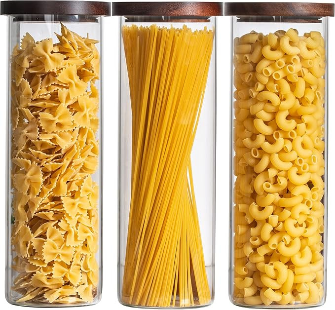 Laramaid 71oz 3Pack Glass Jars Set, Round Pantry Jars with Brown Acacia Lids, Black Labels and Wh... | Amazon (US)