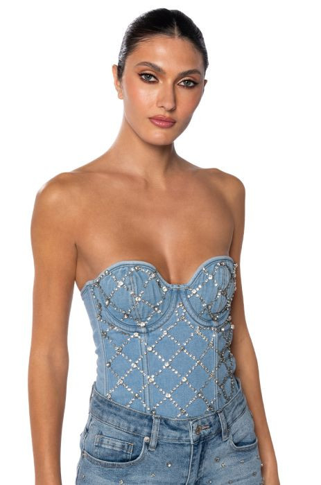 CAMMIE RHINESTONE DENIM CORSET | AKIRA