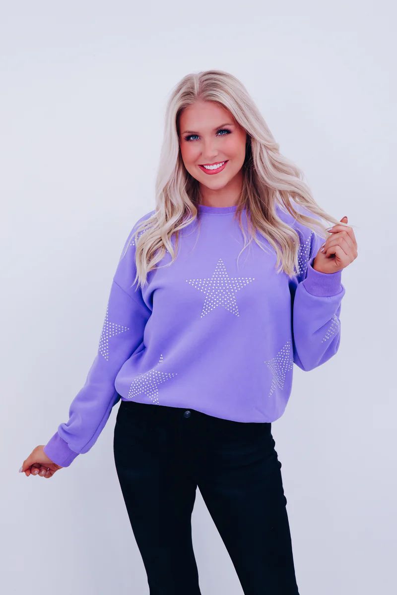 Star Studded Crew Neck Sweatshirt - Periwinkle | Whiskey Darling Boutique