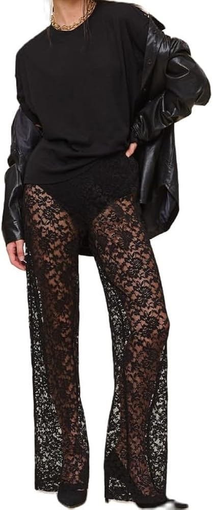 Women Sexy Lace See Through Pants Sheer Mesh Low Waist Stretchy Slim Trouser Hollow Out Skinny Le... | Amazon (US)