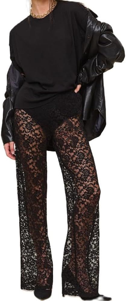 Women Sexy Lace See Through Pants Sheer Mesh Low Waist Stretchy Slim Trouser Hollow Out Skinny Le... | Amazon (US)