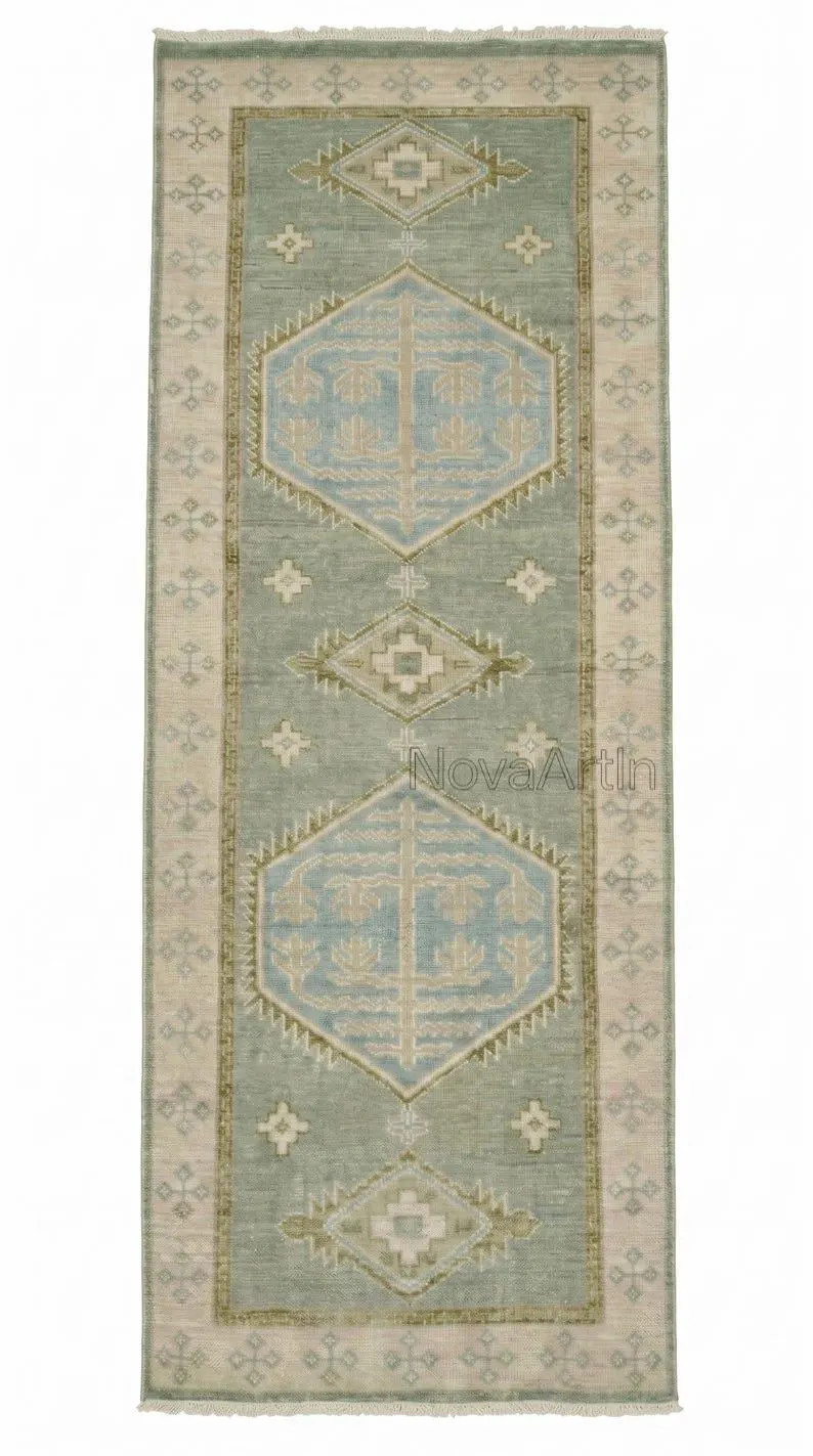 Handmade Vintage Style Wool Rug,3x12,   Muted Sage Green Oushak Rug,Soft Blue Medallian Traditional Boho Living Room Rug, Custom Area Rug | Etsy (Global)
