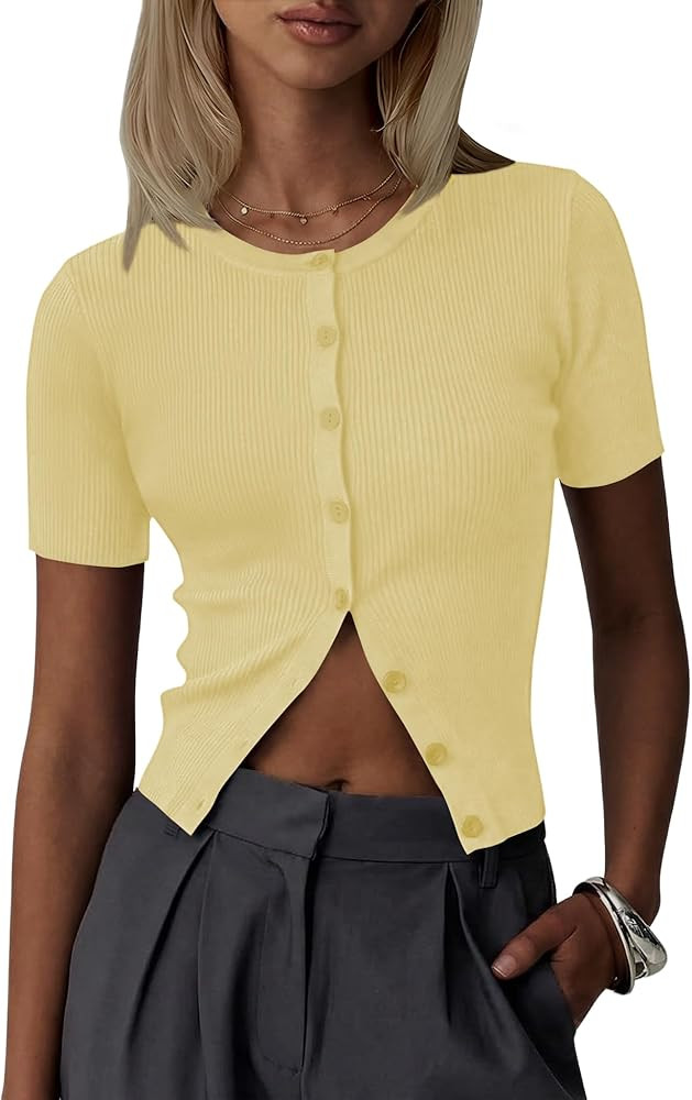 Kistore Short Sleeve Cardigan Women Summer Short Sleeve Lightweight Sweater Button Down Y2K Tops ... | Amazon (US)
