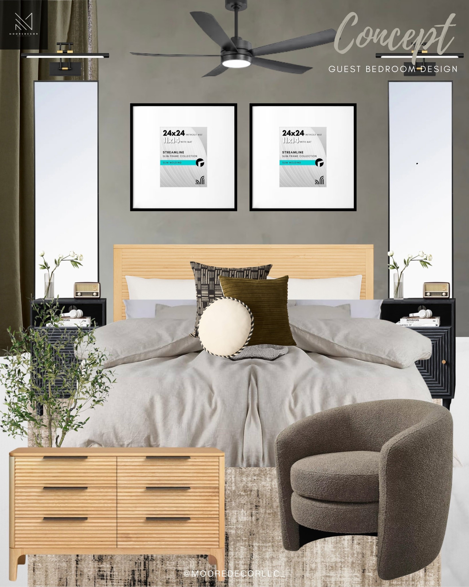 A modern minimalist guest bedroom with warmth, contrast, and texture 🤎 I love how the soft neutral bedding, light wood tones, black accents, and moody wall color come together to create a space that feels calm, elevated, and inviting for guests.

#LTKHome