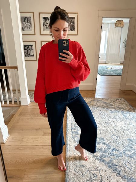 I’ve shared this sweater, still love it. I’m wearing a small. And these wide leg jeans from Anthro are so cute. I could have gone with a 27 since they have a bit of stretch but the 28 fits nice and comfy! 

#LTKSeasonal