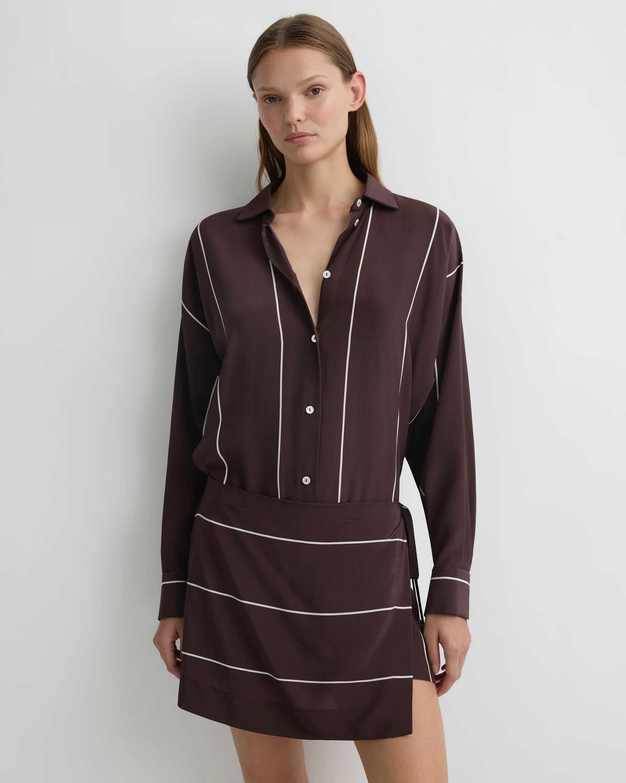 Orta Silk Wrap Mini Dress Mocha Stripe | BONDI BORN\u00ae | Dresses | BONDI BORN