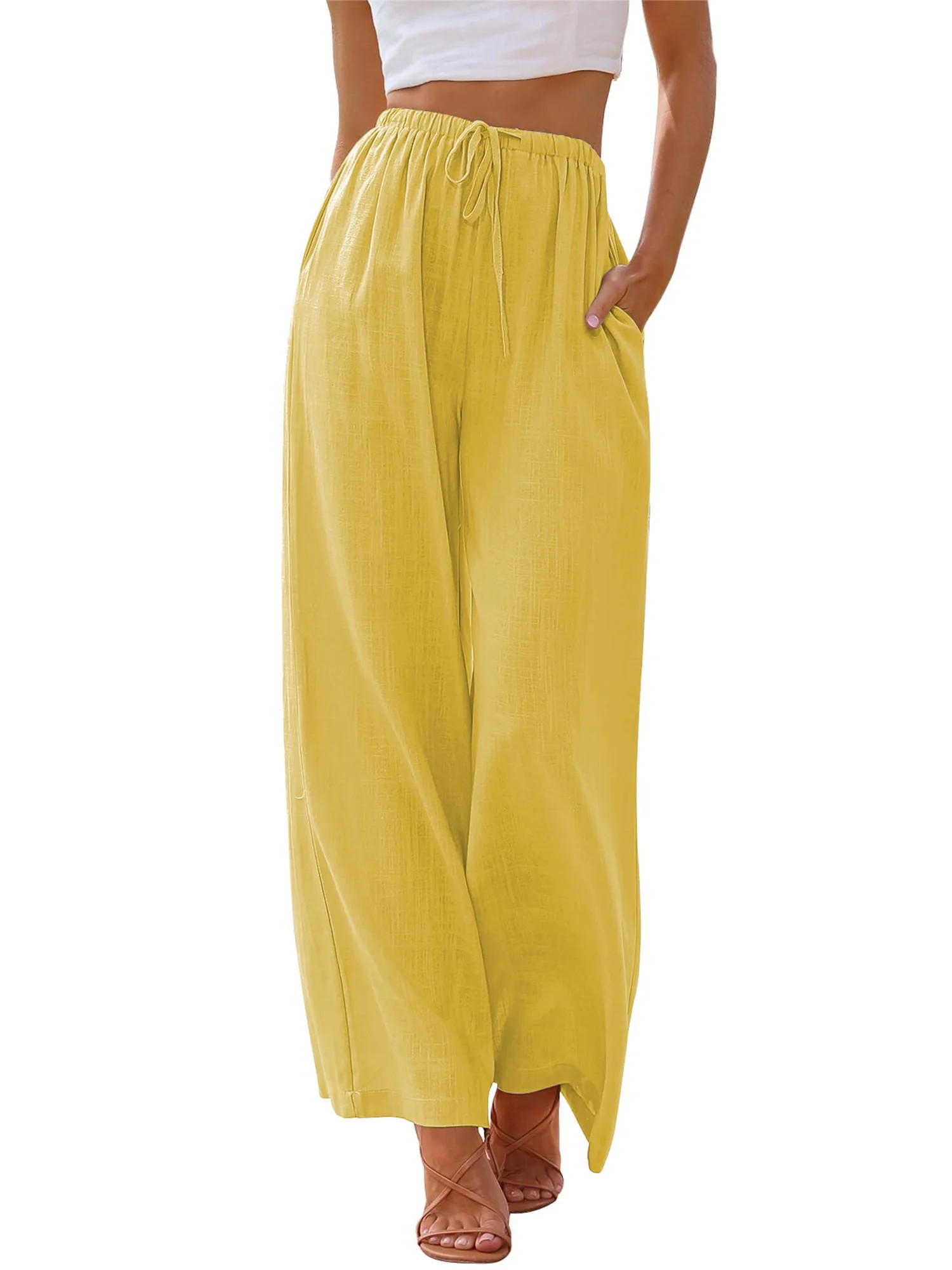 TEMOFON Pants for Women Wide Leg Linen Pant Flowy Palazzo Summer Casual Pants with Pocket Yellow ... | Walmart (US)