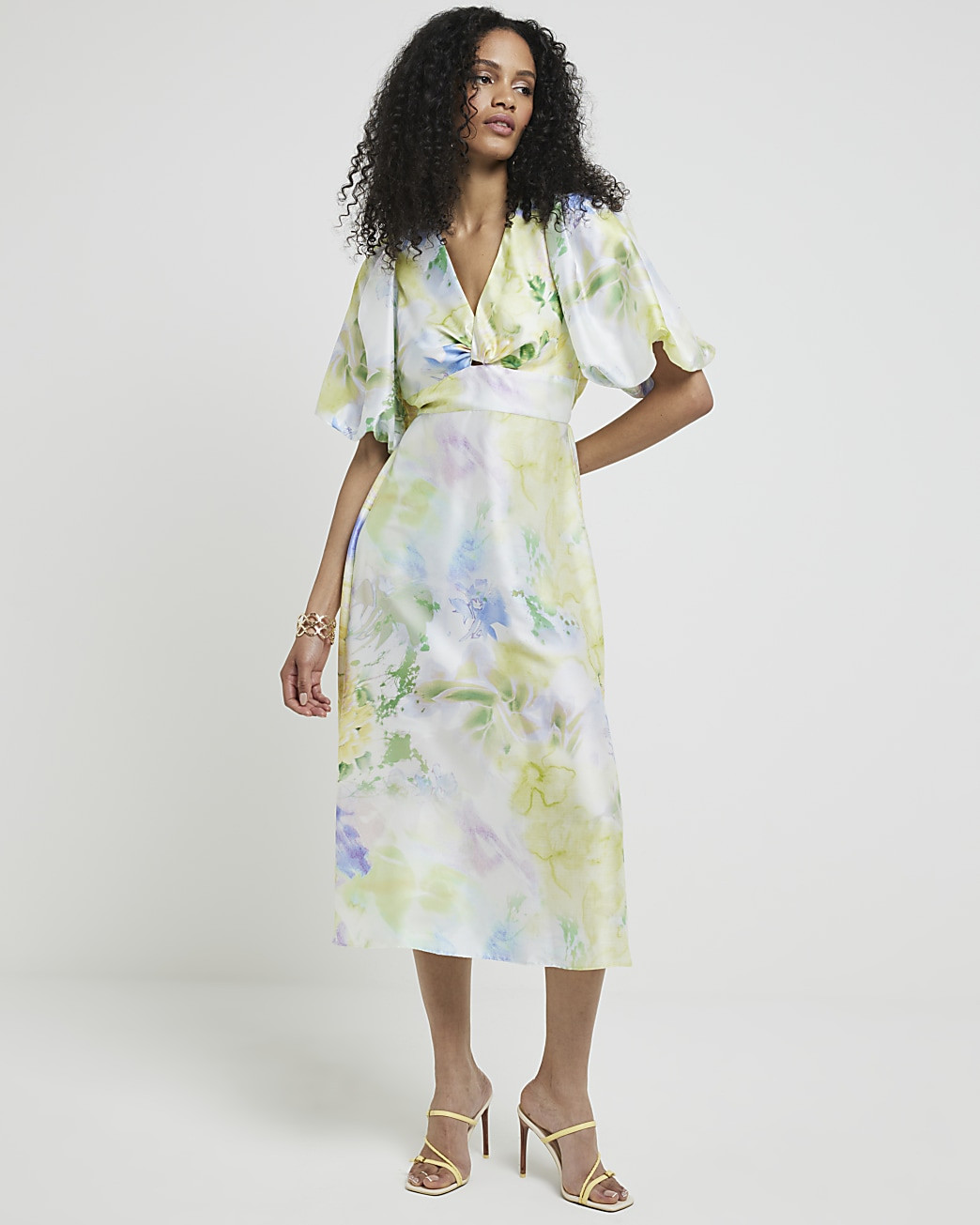 Yellow satin floral twist swing midi dress | River Island (UK & IE)