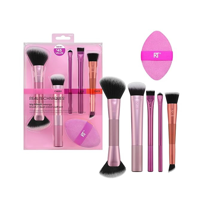 Real Techniques Big Blends Energy Brush + Dual-Sided Puff Kit, 6 Piece Face Makeup Brush & Puff S... | Amazon (US)