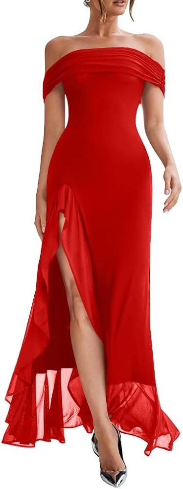 LAGSHIAN Women's Sexy Formal Off Shoulder Sleeveless High Split Ruffle Evening Party Maxi Dress | Amazon (US)