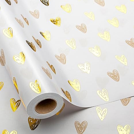 MAYPLUSS Foil Hearts Wrapping Paper Roll - 17 Inch X 33 Feet - Luxury Metallic Golden Heart Desig... | Amazon (US)