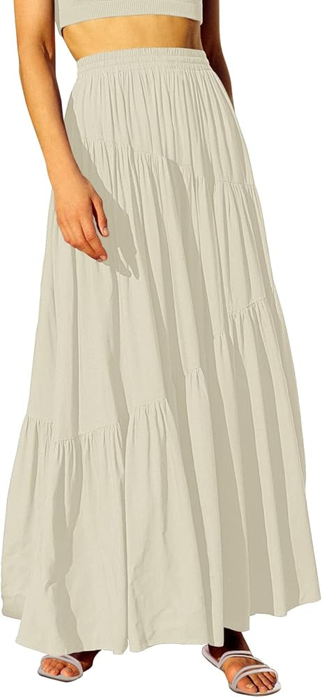 ANRABESS Women’s Boho Elastic High Waist Pleated A-Line Flowy Swing Asymmetric Tiered Maxi Long... | Amazon (US)