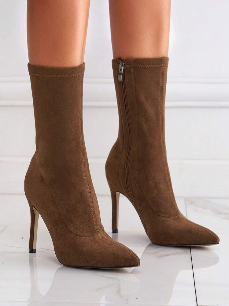 Ideal With Sweater Dress,Women's Elastic Pointed Toe High Heels Zipper Side Suede Ankle Boots, Se... | SHEIN
