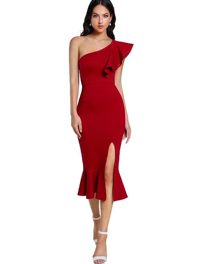 Floerns Women's Ruffle One Shoulder Split Midi Party Bodycon Dress | Amazon (US)