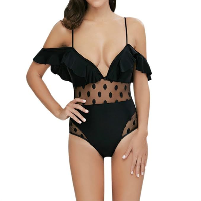 CharMma Women's Sexy Strappy Polka Dot Ruffle Transparent See-Through Bikini Set | Amazon (US)