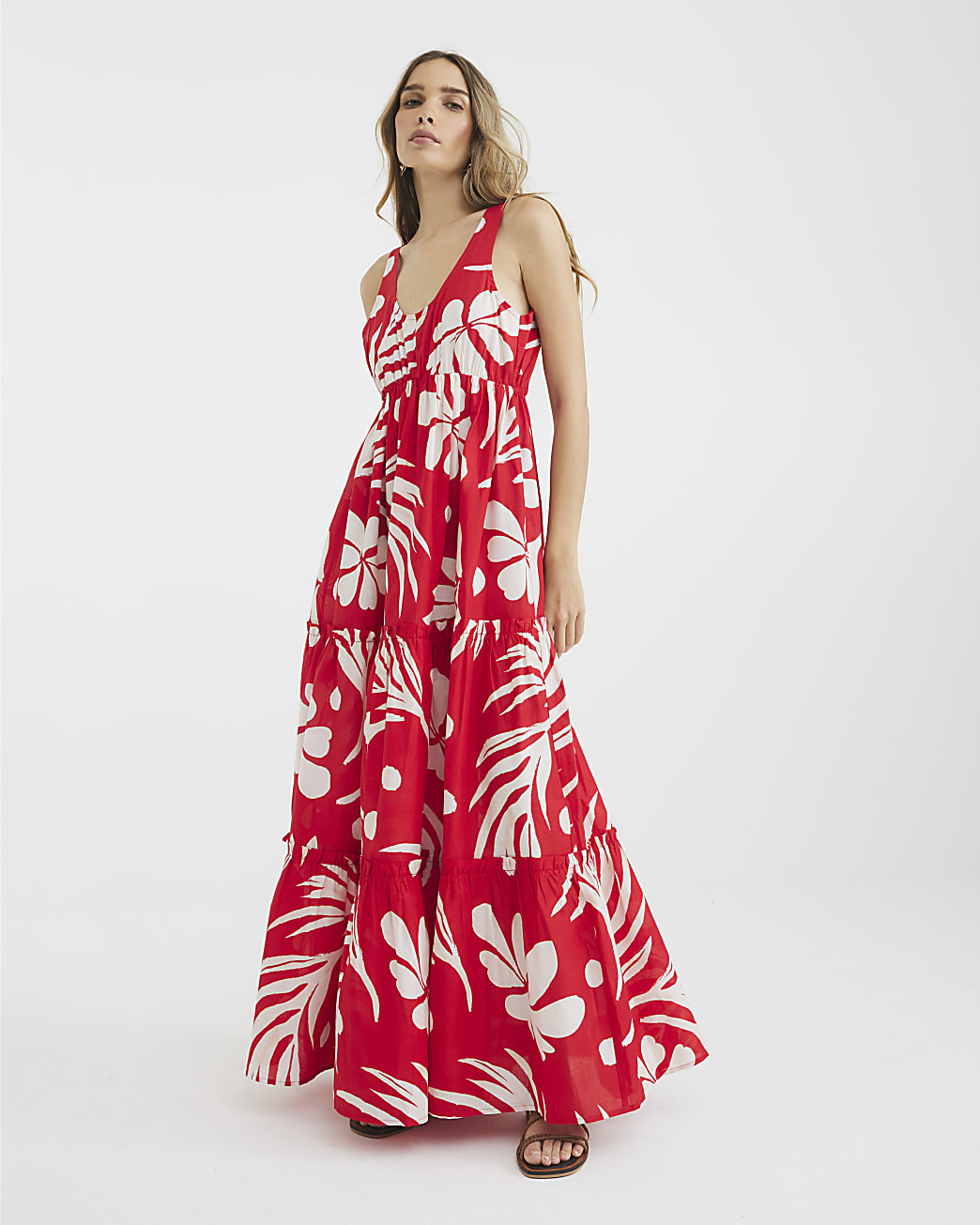 Red Floral Sleeveless Tiered Maxi Dress | River Island UK & IE