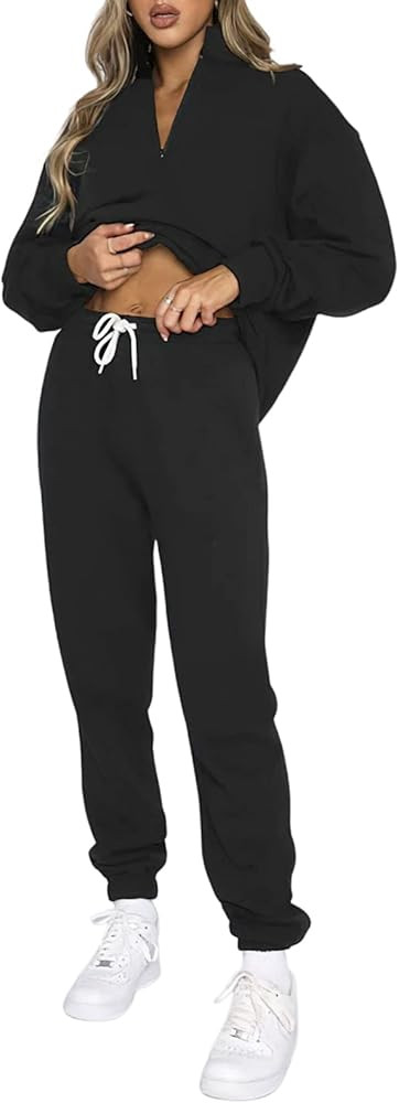 Viatabuna Women's 2 Piece Fleece Sweatsuit Outfit Long Sleeve Crewneck Pullover Sweatshirt Drawst... | Amazon (US)