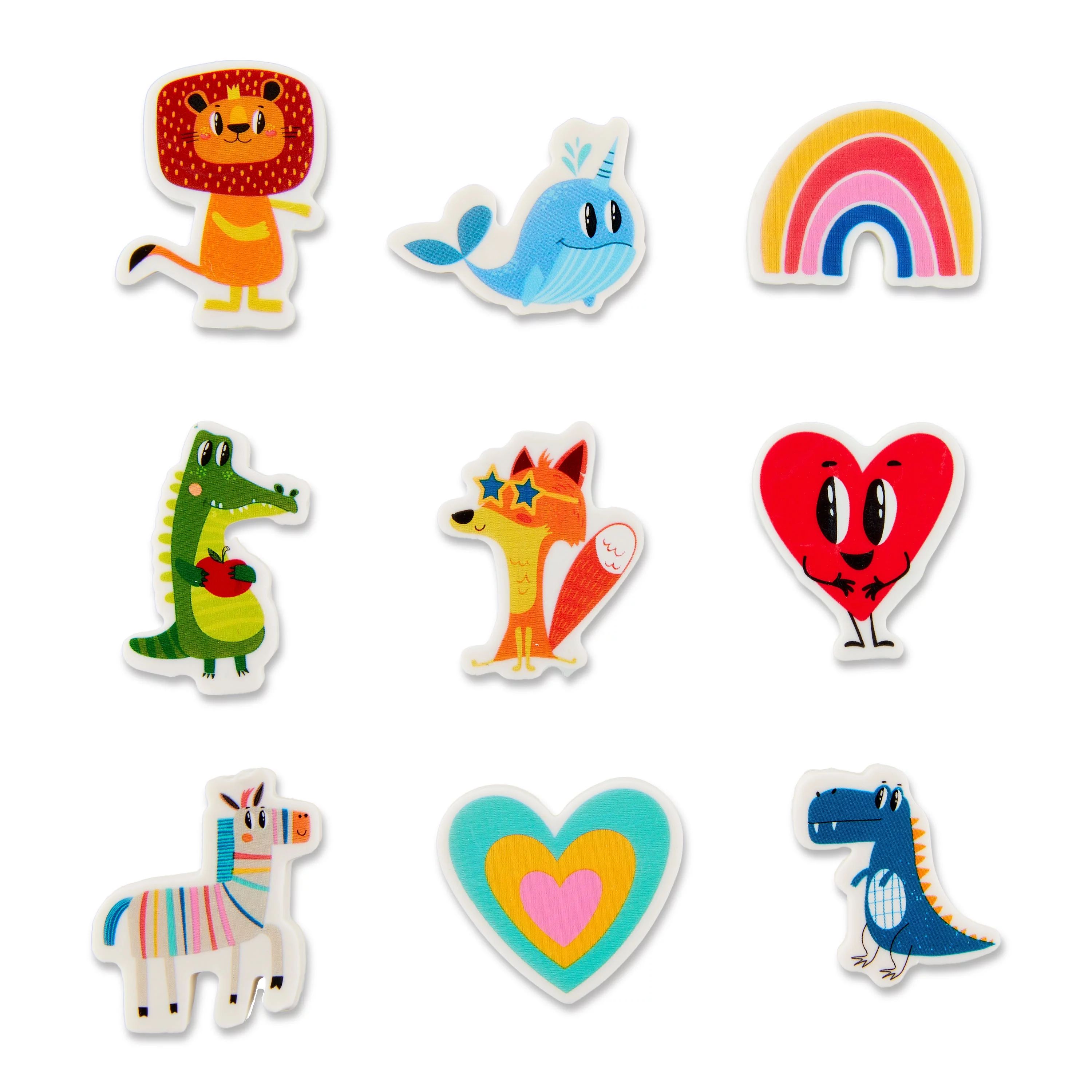 Way To Celebrate 9 Assorted Eraser, Multi Colors, Lion, Nar-whale, Rainbow, Alligator, Fox, Red H... | Walmart (US)