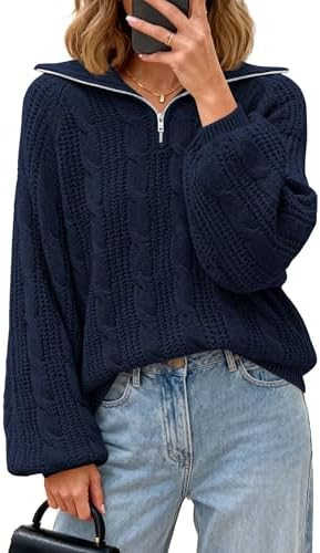 BTFBM Sweaters for Women Fall Fashion 2025 Loose Quarter Zip Pullover Collared Long Sleeve Cable ... | Amazon (US)