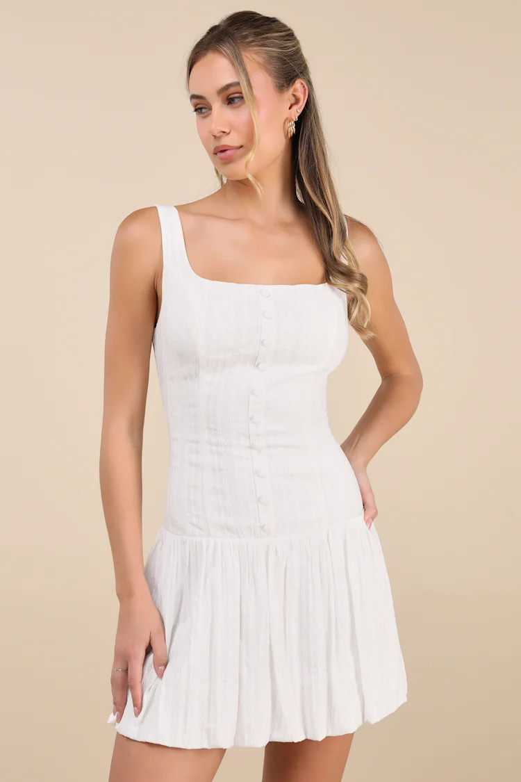 Khamari White Textured Drop Waist Bubble-Hem Mini Dress | Lulus