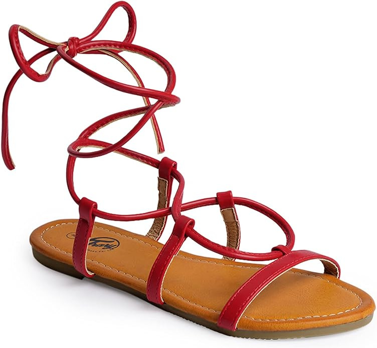 Trary Women's Lace Up Wrap Ankle Strap Flat Sandals | Amazon (US)