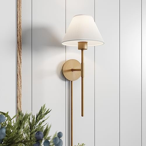 Nathan James Millie Plug-in Wall Sconce, Wall Mounted Bedside Reading Lamp with Cotton Shade and Brass Back Plate | Amazon (US)