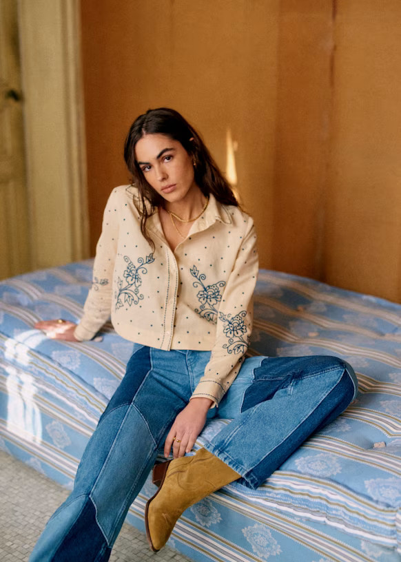 Maellie Shirt - Sézane x Lucia Vergara - Beige with Narcisco Blue Embroidery - Linen - Sézane | Sezane Paris - US