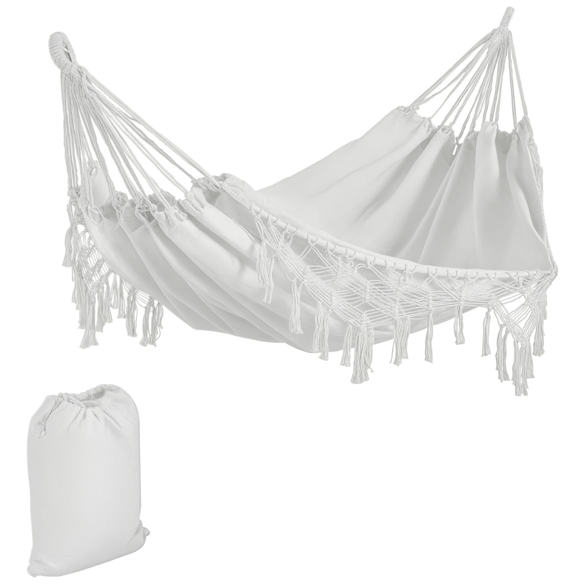 Outsunny Extra Large Boho Hammock with Macrame Tassel Fringe Includes Carrying Bag Indoor Outdoor Tree Hammock for Porch Backyard Camping White | Lowe's
