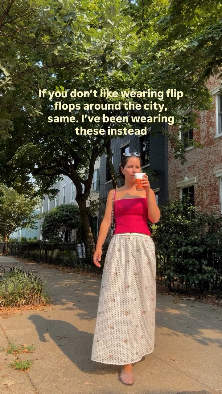 I didn’t think these would be my most worn summer shoe but here we are! They’re seriously so comfortable for running around the city and the beach 

The jellies are from Melissa but comment SHOP if you need the links 

Casual chic outfit, summer outfit, what to wear in your 30s, hill house skirt