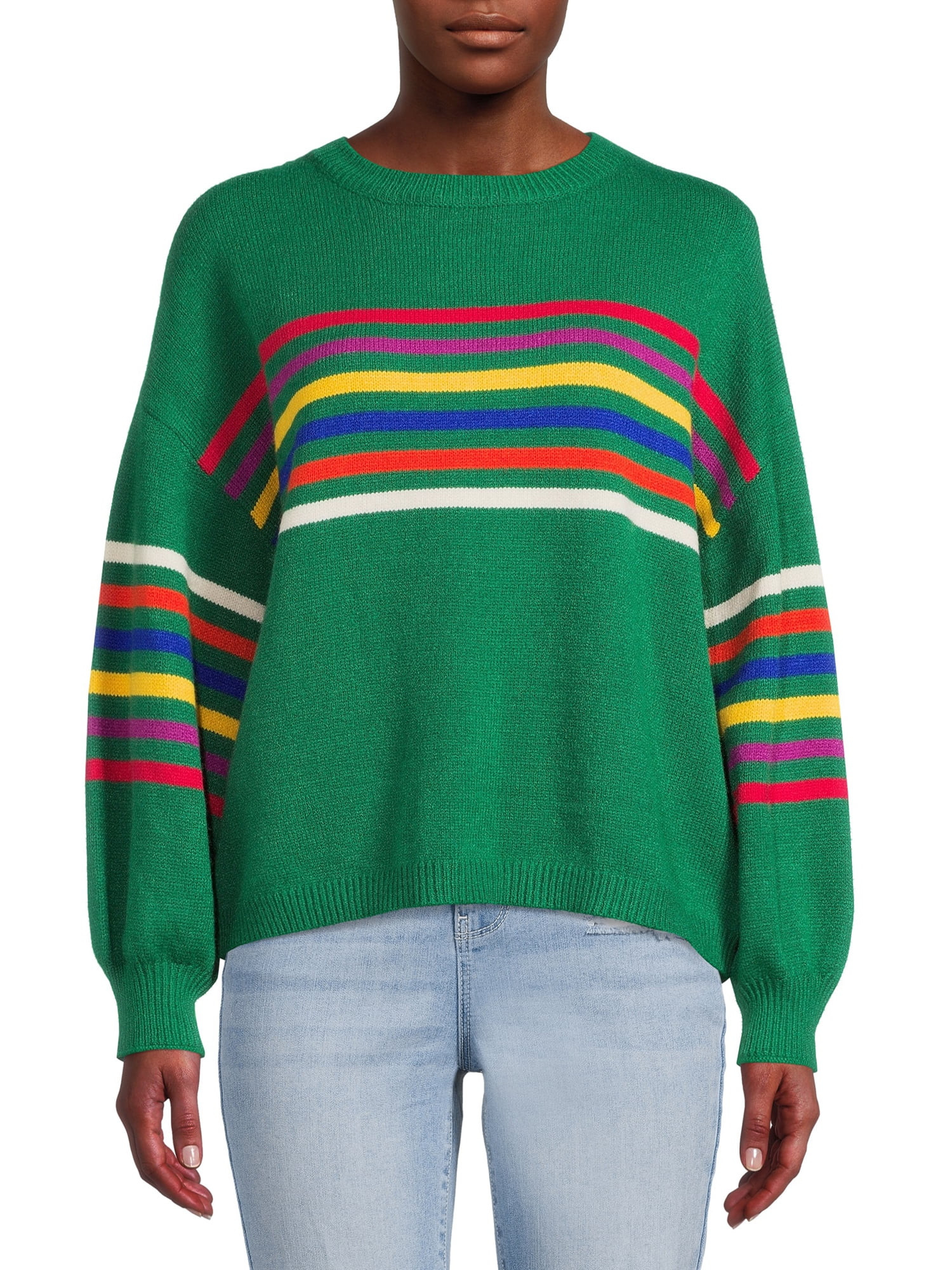 Dreamers by Debut Womens Striped Long Sleeve Pullover Sweater with Puff Sleeves - Walmart.com | Walmart (US)