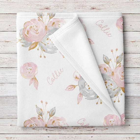 Personalized Baby Girl Name Blanket Pink and Gray Floral | Etsy | Etsy (US)