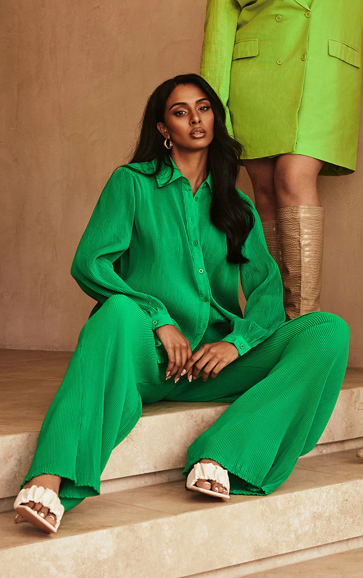 Bright Green Plisse Button Front Oversized Shirt | PrettyLittleThing US