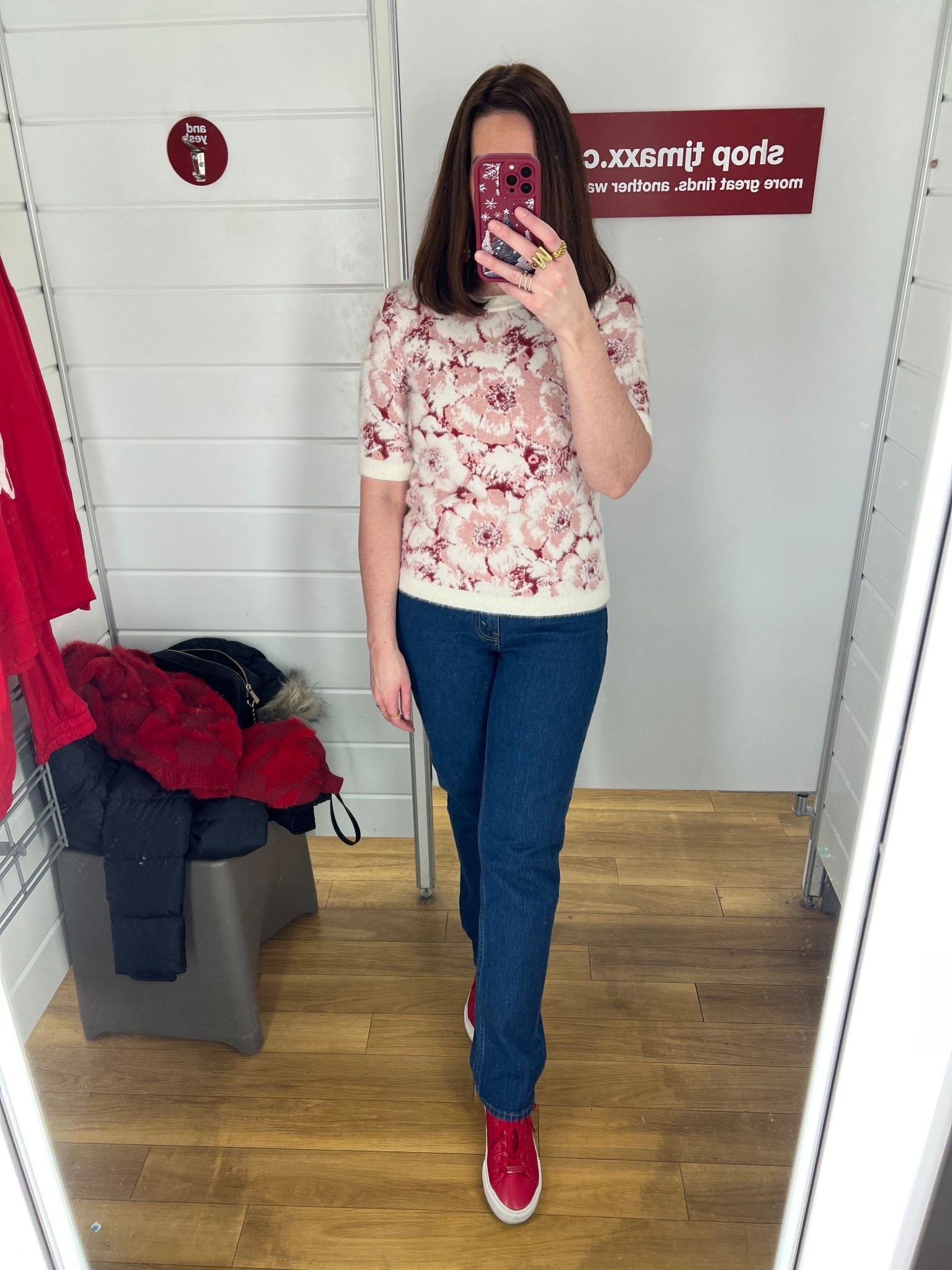 Fuzzy floral knit sweater (xs). Curve love dark wash jeans (27). Red sneakers (8.5). #sweater #floralsweater #knitsweater #fuzzysweater #jeans #darkwashjeans #curvelovejeans #sneakers #redsneakers 

#LTKHoliday #LTKSeasonal #LTKFindsUnder100