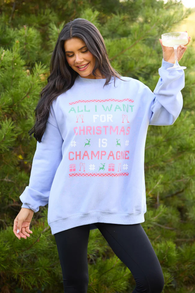 All I Want For Christmas Is Champagne Periwinkle Graphic Sweatshirt | Pink Lily