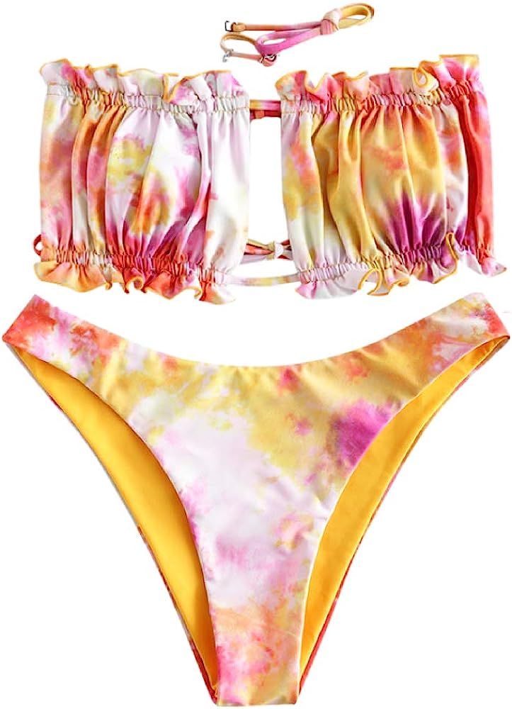Women's Strapless Ribbed Tie Back Ruffle Cutout Bandeau Bikini Set Swimsuit | Amazon (US)