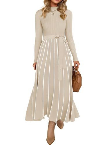 ZESICA Womens 2025 Fall Turtleneck Long Sleeve Sweater Dress Tie Waist Casual Loose Ribbed Knit A Line Midi Dresses,Apricot,Large | Amazon (US)