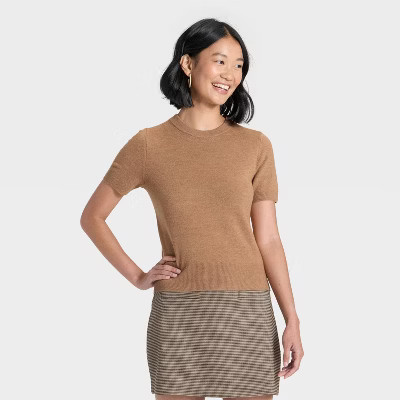Women's Short Sleeve Cozy Knit T-Shirt - A New Day™ Brown Heather S | Target