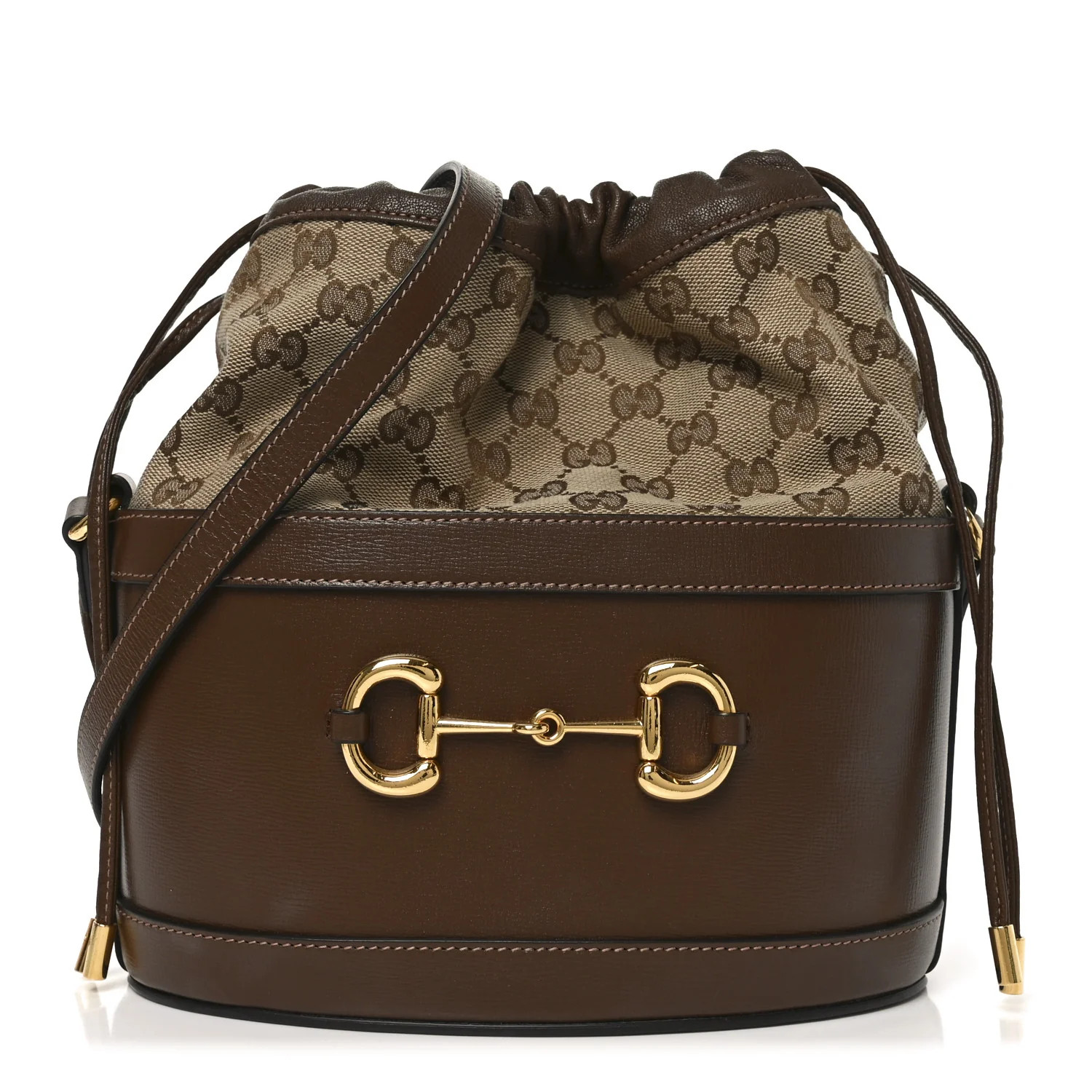 Monogram Textured Calfskin Horsebit 1955 Drawstring Bucket Bag Beige Brown Sugar | FASHIONPHILE (US)