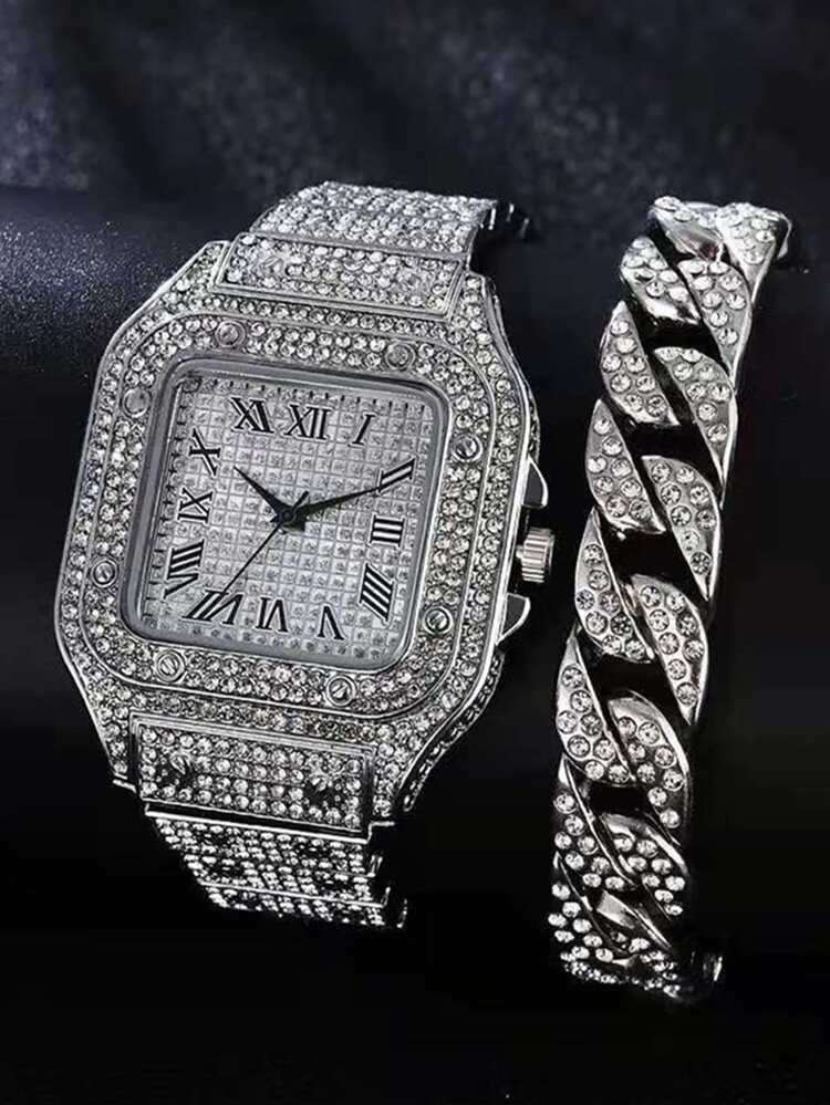 1pc Men Rhinestone Decor Square Pointer Quartz Watch & 1pc Bracelet | SHEIN