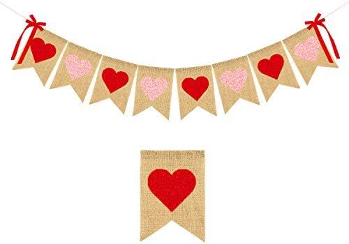 JOZON Glitter Heart Burlap Banner Valentine's Day Red and Pink Heart Bunting Banner Garland with ... | Amazon (US)