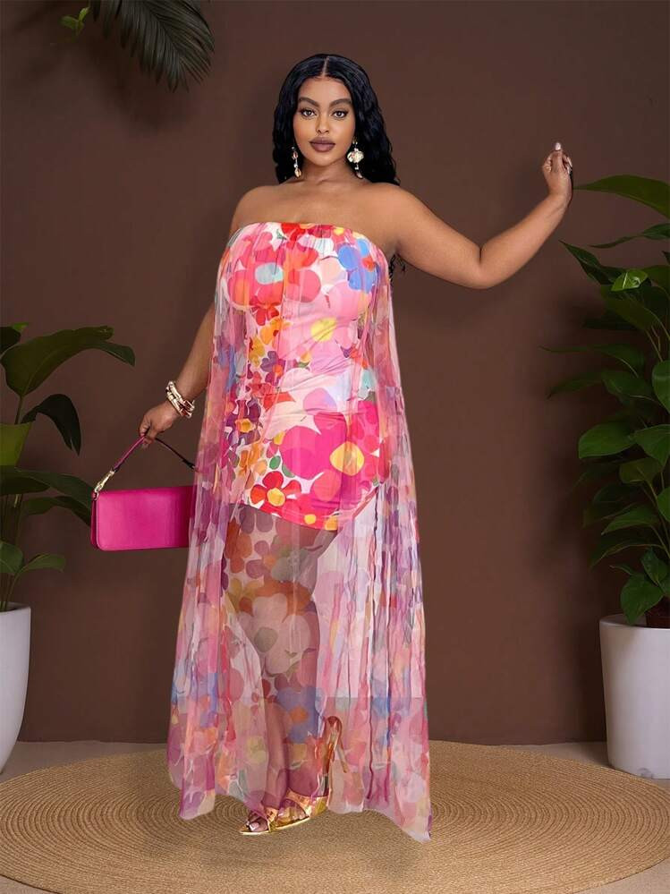 Veslaya 2026 Spring-Summer New Music Festival Elegant Casual Sexy Multi-Color Contrast Allover Print 2 Layer Bodycon Strapless Maxi Dress, Plus Size,Flowy Dress,Sun Dresses For Women | SHEIN