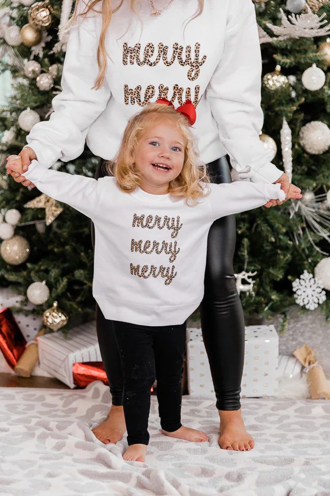 Kids Animal Print Merry Merry Merry White Graphic Sweatshirt | The Pink Lily Boutique