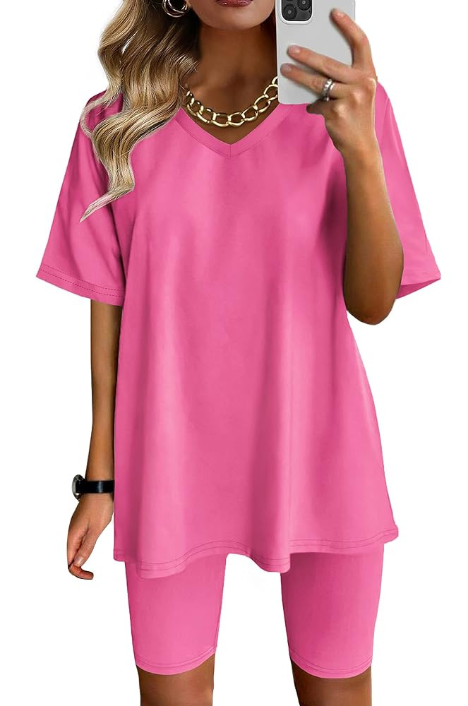 AGSEEM Two Piece Outfits For Women Summer V Neck T-Shirt Tops Biker Shorts Workout Sports Tracksu... | Amazon (US)