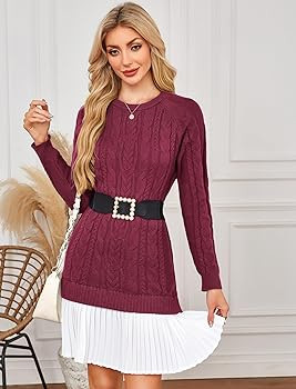 Angashion Women's Cable Knit Sweater Dress: Crewneck Long Sleeve Fall Winter Mini Sweater Dress | Amazon (US)