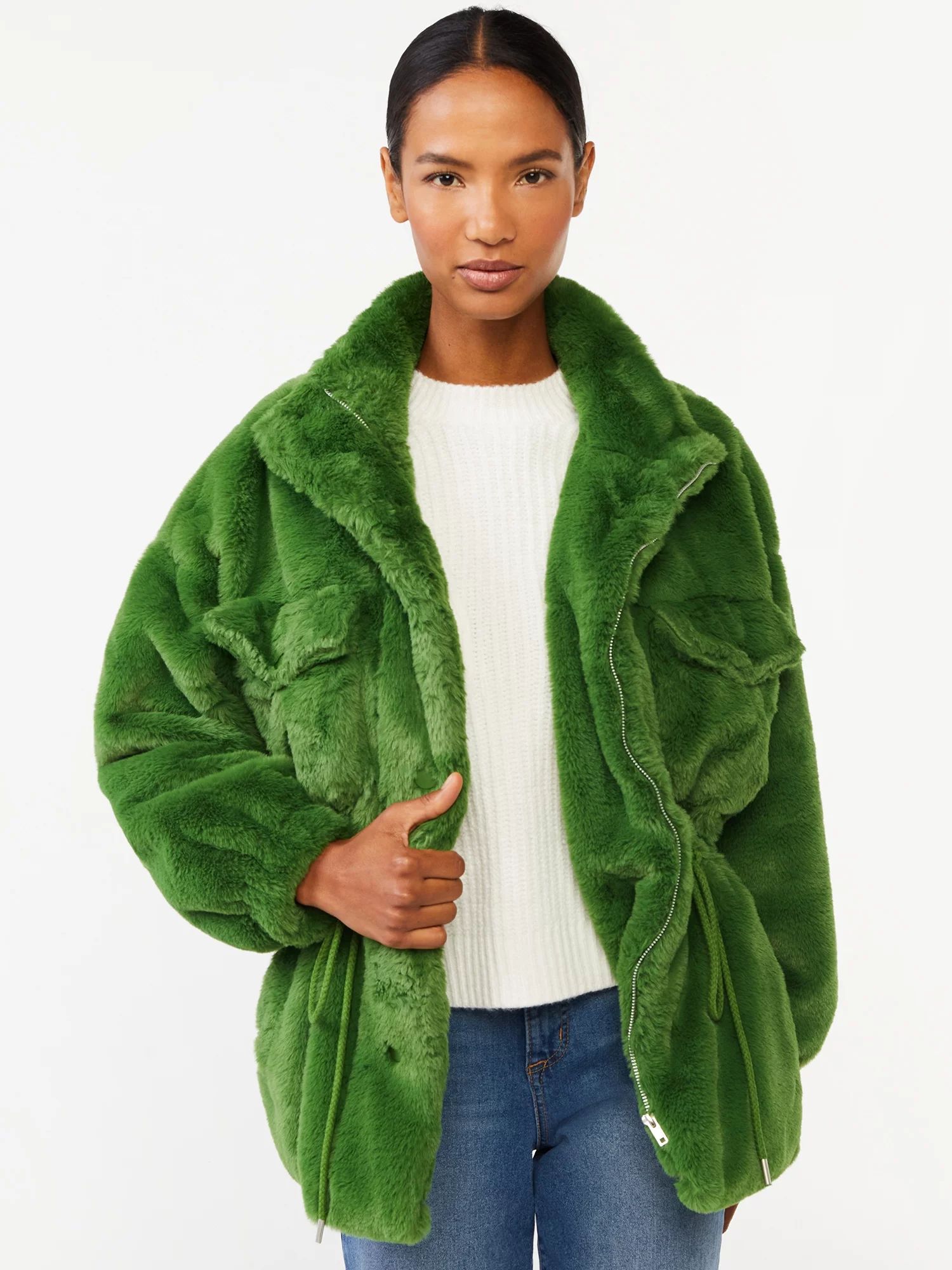 Scoop Women's Faux Fur Oversized Jacket with Cinch Waist - Walmart.com | Walmart (US)