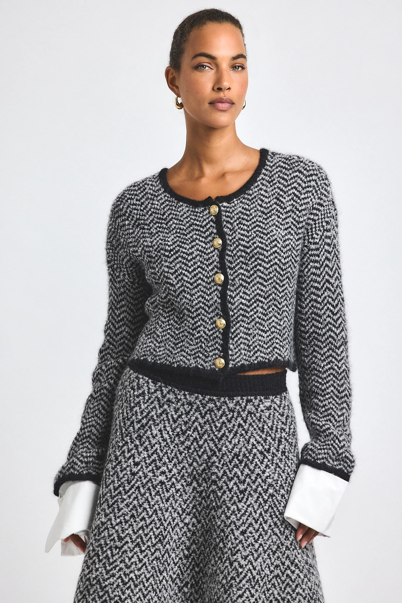 Sabine Herringbone Knit Cardigan - Black-White | Derek Lam